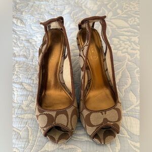 Coach Brown Signature Canvas Peep-Toe Slingback Wedges